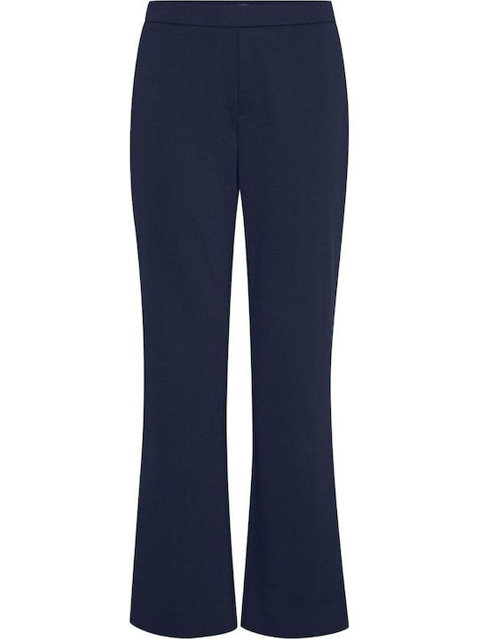 Women's High-waisted Fabric Capri Trousers Flared Blue Navy