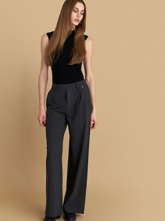 Women's Fabric Trousers with Elastic Striped Gray