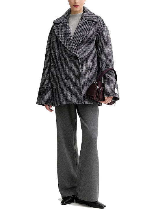 Wool Women's Grey-black-purple Coat with Buttons