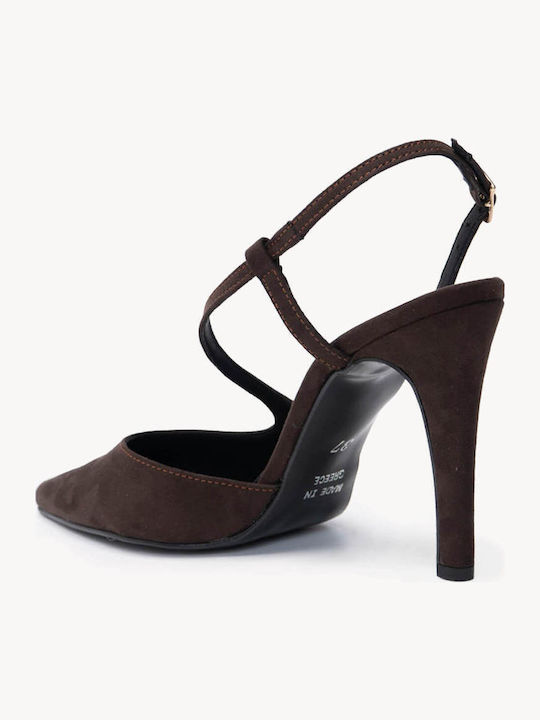 Brown Suede Heels Cross Strap Open Heel