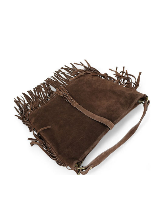 Leather Women's Suede Shoulder Bag with Fringes Dark Brown
