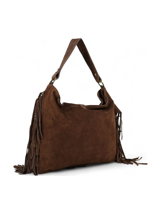 Leather Women's Suede Shoulder Bag with Fringes Dark Brown