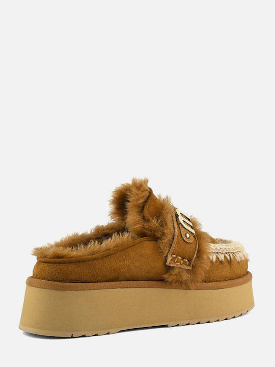 Suede Mules με Χαμηλό Τακούνι σε Καφέ Χρώμα