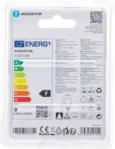 Aigostar Λάμπα LED 9W για Ντουί E27 και Σχήμα G45 Ψυχρό Λευκό 720lm