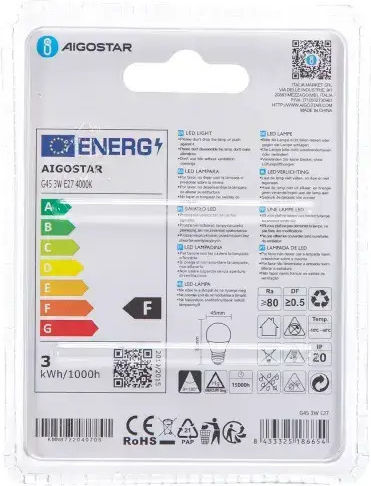 Aigostar LED Bulb 3W for Socket E27 and Shape G45 Natural White 255lm