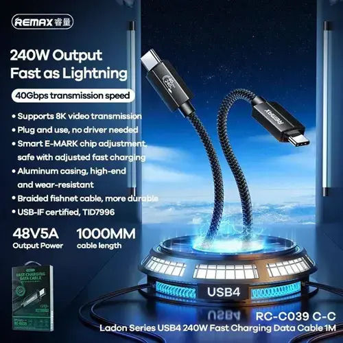 Remax RC-C039 USB 2.0 Cable USB-C male - USB-C 240W PD Μαύρο 1m