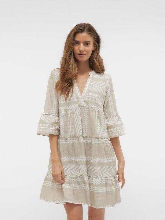 Καλοκαιρινό Mini Φόρεμα με Βολάν Beige Ecru