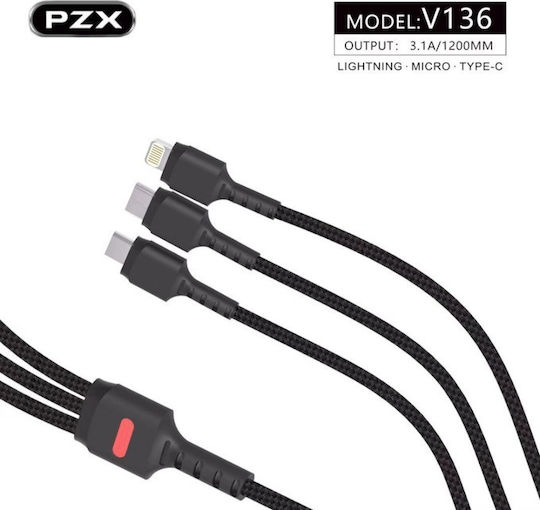 PZX V136 Regulär USB zu Blitzschlag / Typ-C,TC-TC / Micro-USB Kabel 3.1A Schwarz 1.2m (697)