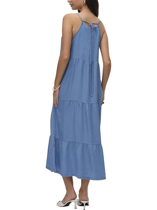Summer Midi Denim Dress with Ruffles Medium Blue Denim