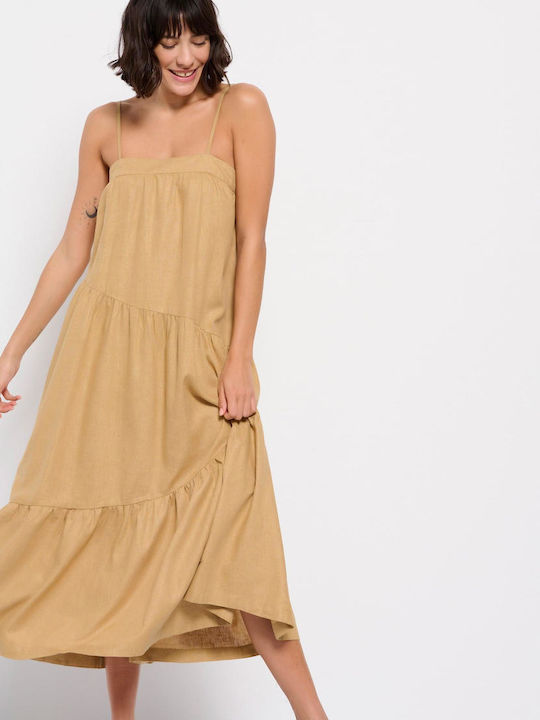 FBL007-13213 Summer Midi Dress with Ruffle Beige