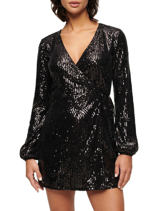 Mini Evening Satin Dress with Wrap Black & White