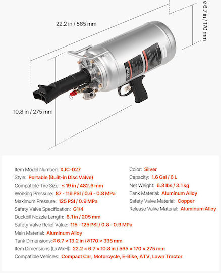 Vevor Portable Tire Bead Seater 1.6 Gal 6 L Air Bead Gun Hand Tire Inflator Tool Operating Pressure 87-116 Psi Inflatable Trigger Car Compact SUV Light Truck Electric Bicycle RV ATV