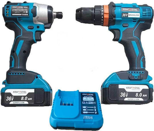 Set Drill Driver & Impact Screwdriver Brushless 36V with 2 Batteries 8Ah and Case