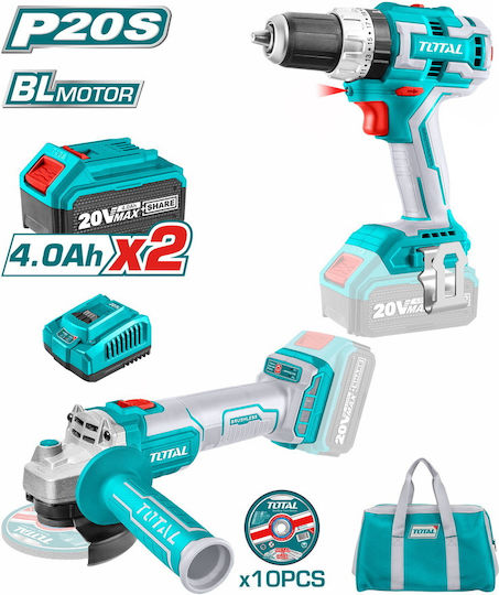 Total Set Angle Wheel & Impact Drill Driver 20V with 2 Batteries 4Ah and Case