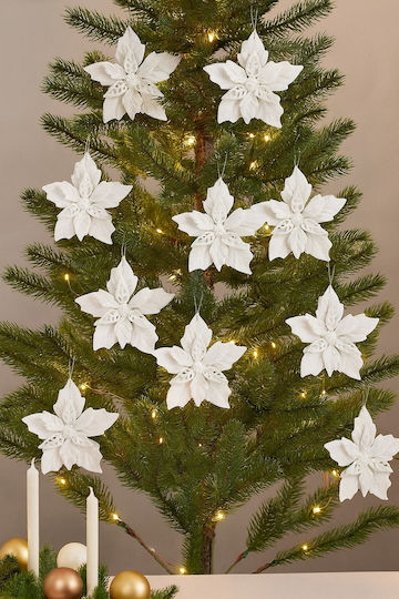 Set 10 Christmas Flowers 12 Cm Glitter Ornaments Plastic White