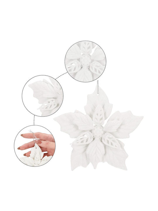 Set 10 Ornamente de Crăciun pentru Brad Floare 12 Cm Sclipici Plastic Albe