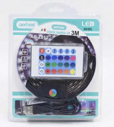 Aerbes Waterproof LED Strip Aerbes USB 5V RGB Light 3m with Power Supply & Remote Control