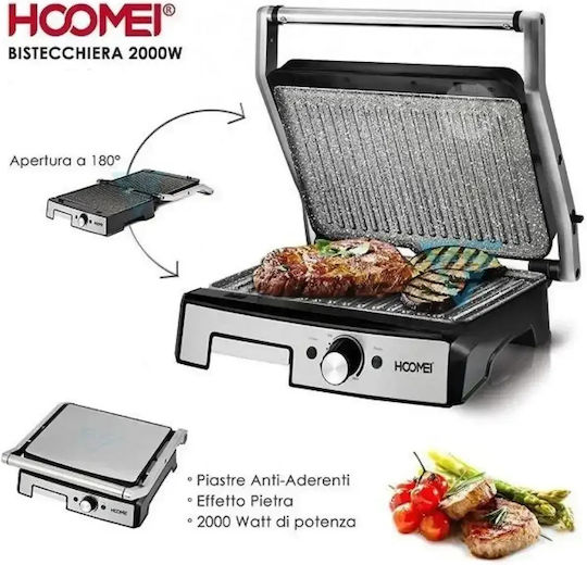 Hoomei Tabletop Electric Grill Ribbed Plate 2000W with Lid and Adjustable Thermostat 29.5cmx24cmcm