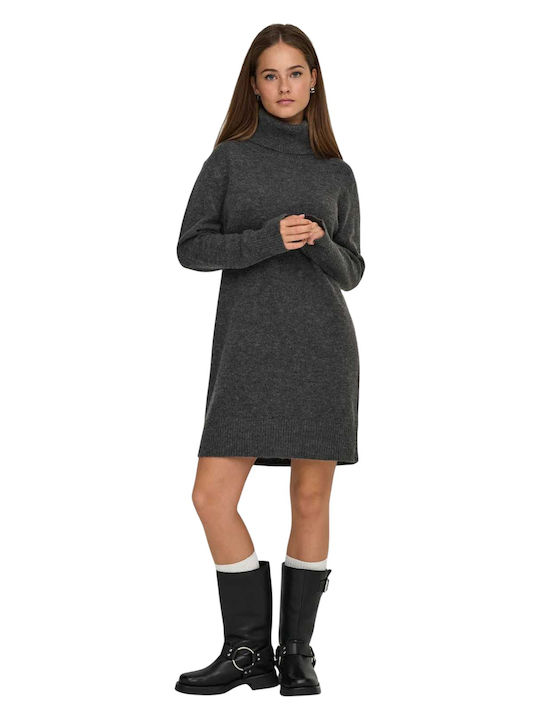 Mini Damenkleid Gestrickt Rollkragenpullover Dunkelgrau Meliert