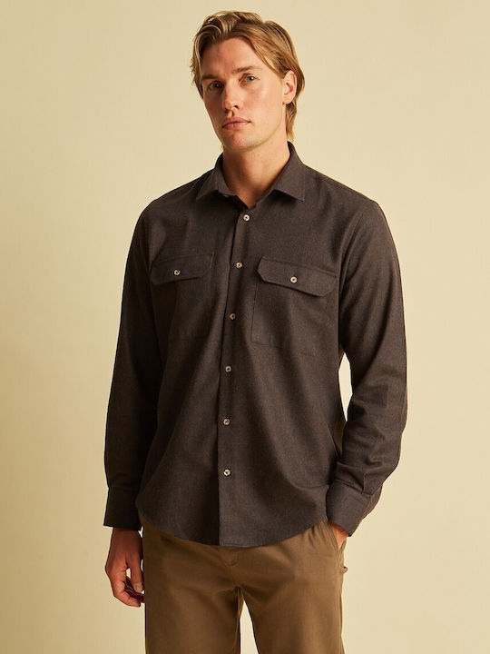 Μακρυμάνικo Φανελένιο Overshirt σε Κανονική Γραμμή Καφέ