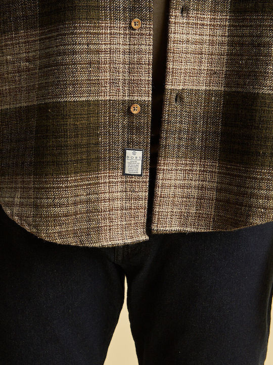 Long Sleeve Flannel Overshirt in Regular Fit Checked Olive Green