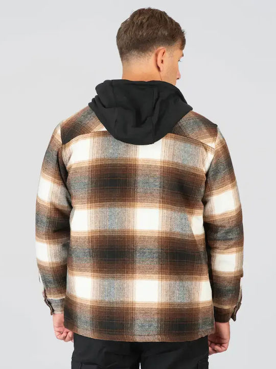 Long Sleeve Overshirt in Regular Fit Checked Black Dark Camel