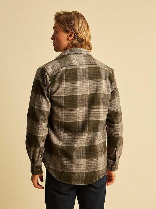 Long Sleeve Flannel Overshirt in Regular Fit Checked Olive Green
