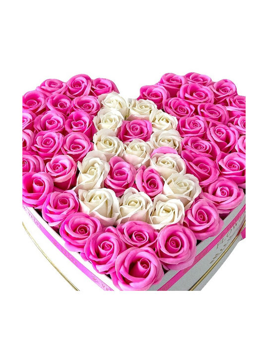 Aranjament Floral Personalizat Litera Cutie Inima Alb 55 Trandafiri Săpun Roz-alb