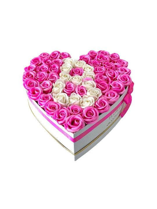 Aranjament Floral Personalizat Litera Cutie Inima Alb 55 Trandafiri Săpun Roz-alb