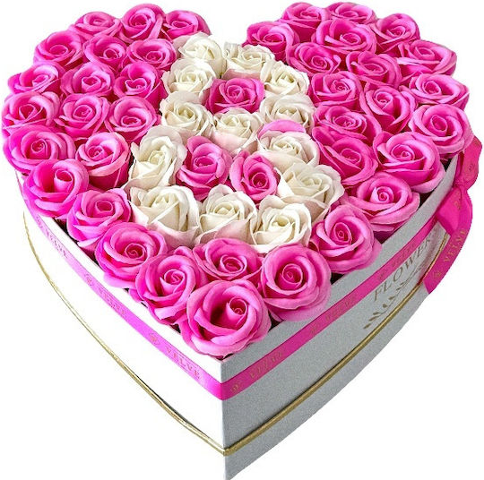 Custom Floral Arrangement Letter White Heart Box 55 Pink-White Soap Roses