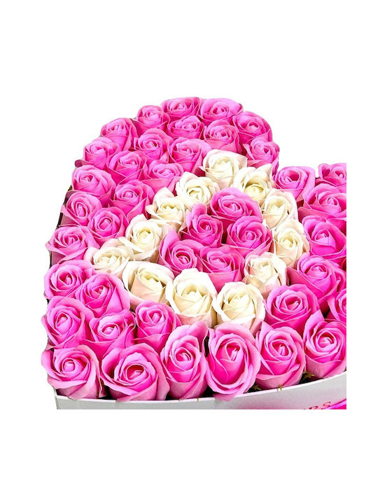 Aranjament Floral Personalizat Litera Cutie Inima Alb 55 Trandafiri Săpun Roz-alb