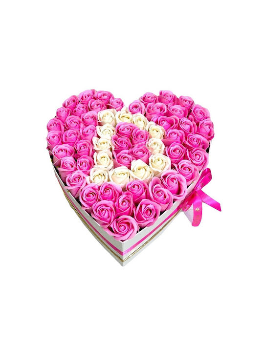 Aranjament Floral Personalizat Litera Cutie Inima Alb 55 Trandafiri Săpun Roz-alb
