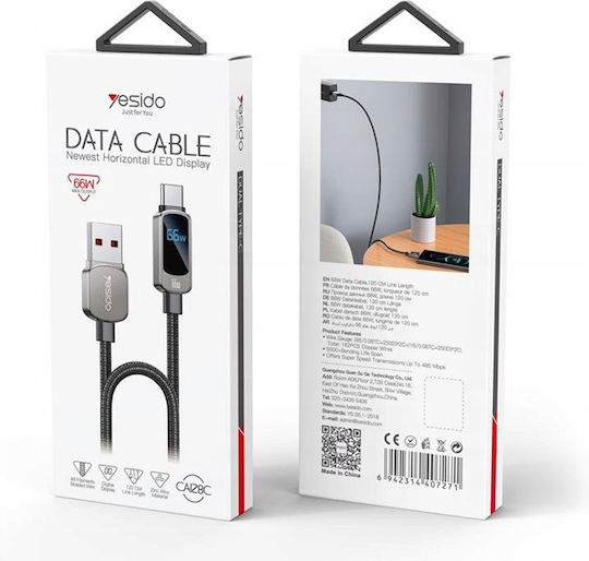 Yesido LED USB 2.0 Kabel USB-C männlich - USB-A 66W Schwarz 1.2m