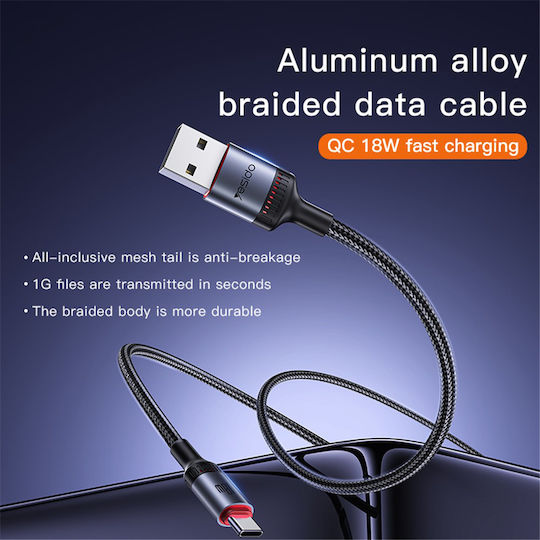 Yesido USB 2.0 Cable USB-C male - USB-A 18W Μαύρο 1.2m