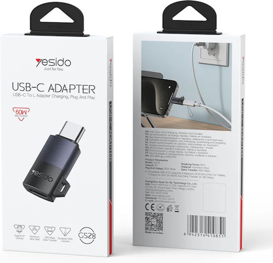 Yesido Μετατροπέας Lightning male σε USB-C female Γκρι 1τμχ