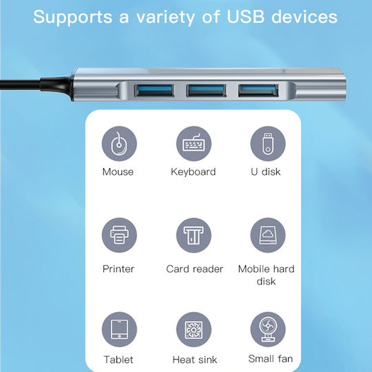 Yesido Hub 4 Θυρών USB 3.0 με σύνδεση USB-A Γκρι