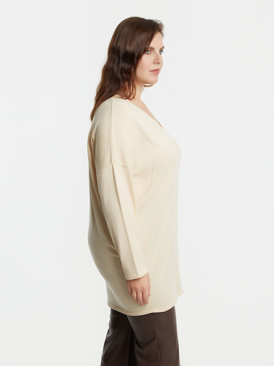 Bluza Damă Mânecă Lungă Pulover cu Decolteu în V Ecru 0000.5536.1.NETTO-vanilla