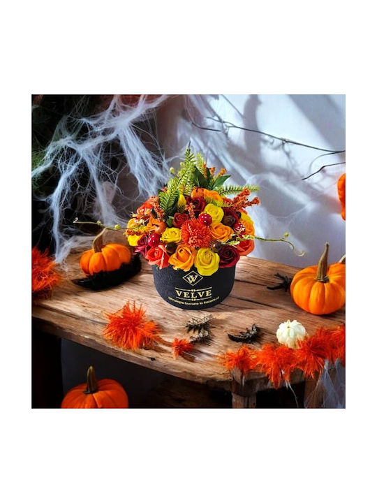 Aranjament Floral De Halloween Amber Dream În Cutie Rotundă 49 Trandafiri Săpun Crizanteme Dovleci Alune Ciuperci