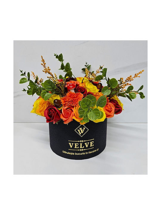 Aranjament Floral De Halloween Amber Dream În Cutie Rotundă 49 Trandafiri Săpun Crizanteme Dovleci Alune Ciuperci