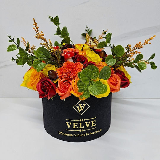 Halloween Floral Arrangement Amber Dream In Round Box 49 Soap Roses Carnations Pumpkins Acorns Mushrooms