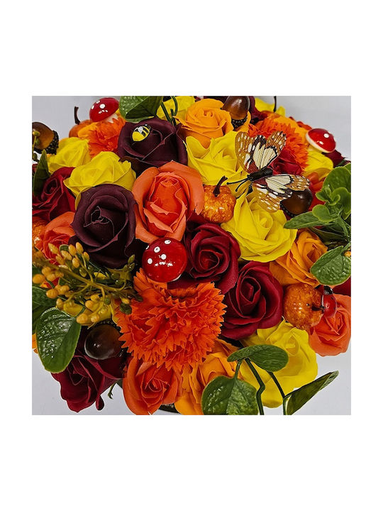 Aranjament Floral De Halloween Amber Dream În Cutie Rotundă 49 Trandafiri Săpun Crizanteme Dovleci Alune Ciuperci