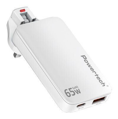Powertech Ladegerät ohne Kabel GaN mit USB-A Anschluss und USB-C Anschluss 65W Schnellaufladung 3.0 Weißs (PT-1532)