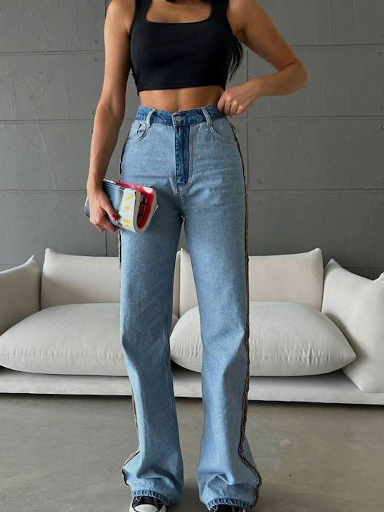 Femei Talie înaltă Din material textil Pantaloni cu Croială Relaxată Cu dungi albastru deschis