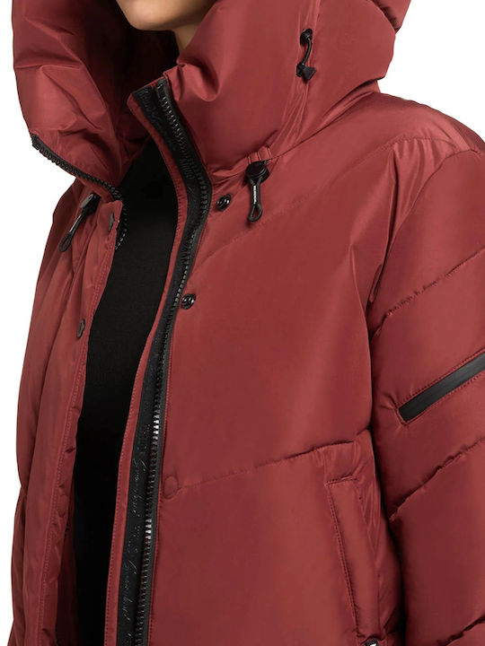 Women's Long Puffer Jacket Waterproof for Winter with Hood Red