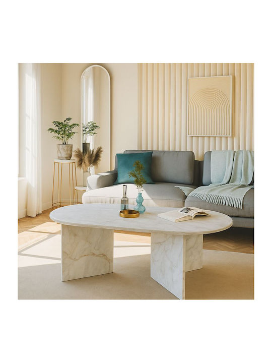 Oval Central Coffee Table Cortado Wooden White Marble Effect 120x60x39.6cm