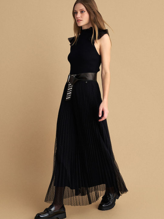 Plissiert Maxi Rock mit Tüll Black