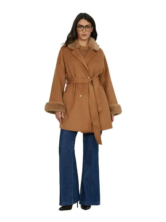 Wool Women's Biscuit Coat with Fur Details