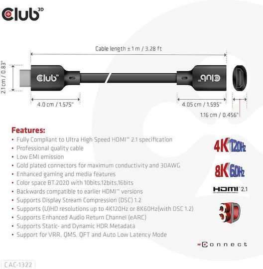 Club3D HDMI 2.1 Ultra High Speed 48Gbps 4K 120Hz HDR VRR Cable HDMI Male - HDMI Female 1m Black