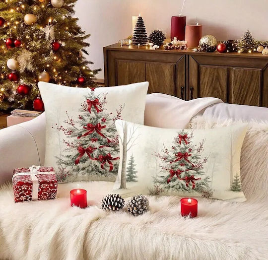Queen Limited Festive Edition Weihnachtsdekorative Kissen 50×30 cm Schneebedeckter Baum Rote Schleifen