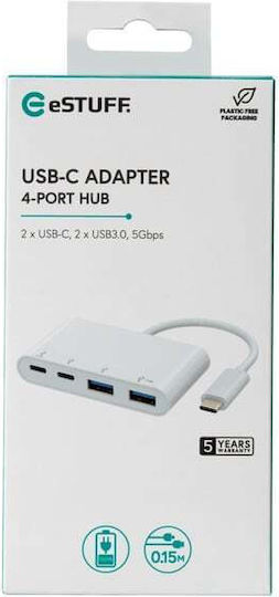 eSTUFF Hub 4 Porturi USB 3.2 cu Conectare USB-C Alb